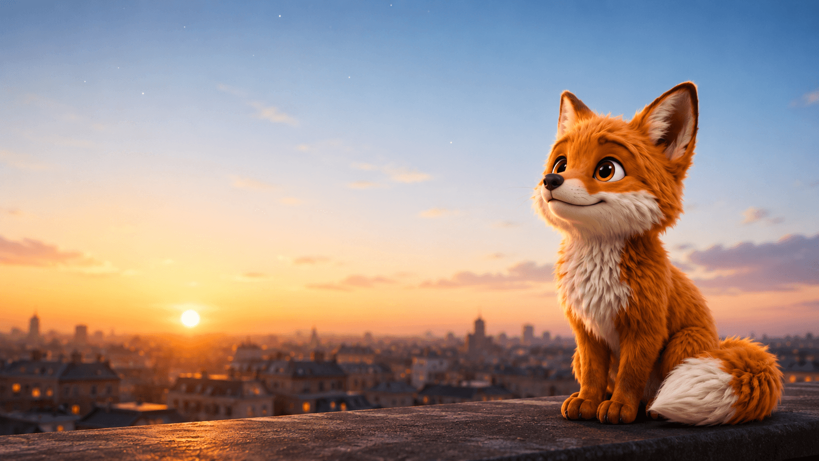 Félix sitting on a rooftop ledge at the first light of sunrise