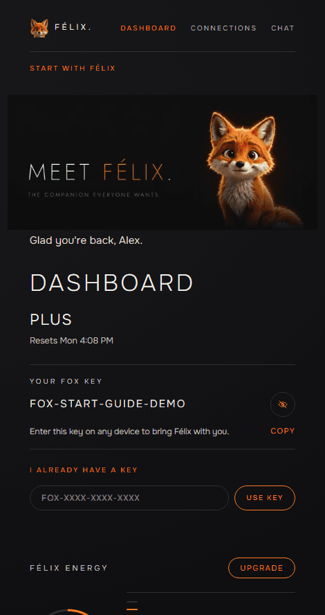 The real Dashboard with a deliberately revealed sanitized FOX key